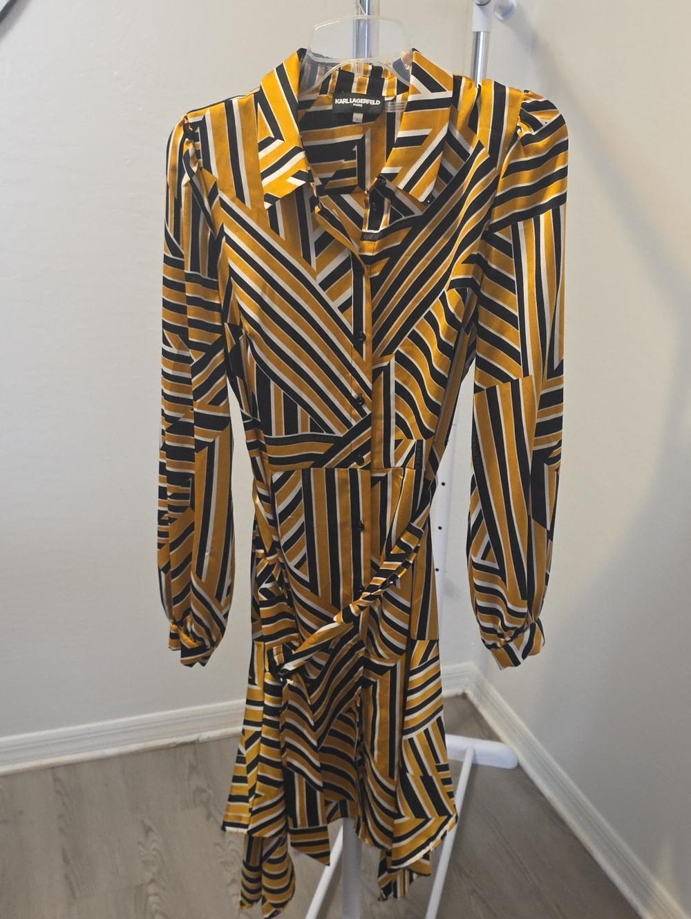 Karl Lagerfeld Yellow and Black Geometric Wrap Dress